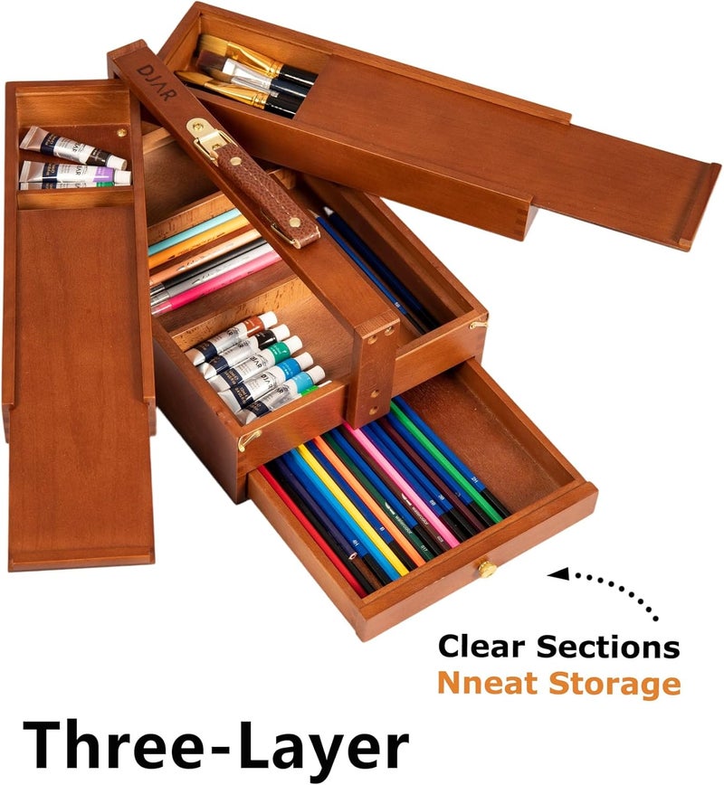 Dajar Multi-Function Art Tool Box, Portable Foldable Beech Wood Artist Supply Storage Box for Pastels, Pencils, Pens, Markers, Brushes, Walnut - Image 3
